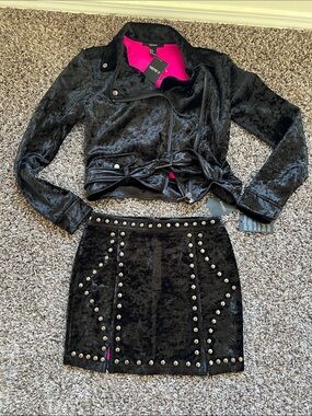 NWT Vintage Forever 21 Velvet Studded Moto Jacket & Mini Skirt Set